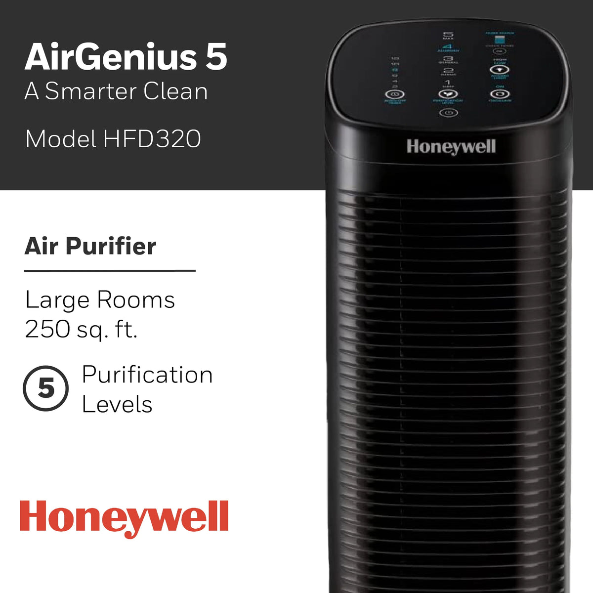 Honeywell Air Genius 5 Air Purifier with Washable Filter, Large Rooms, 250 sq ft, Black, HFD320