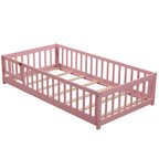 UHOMEPRO Twin Size Floor Bed with Door and Fence, Montessori Floor Bed with Slats and Safety Guardrails, Solid Wood Twin Bed Frame for Bedroom, White