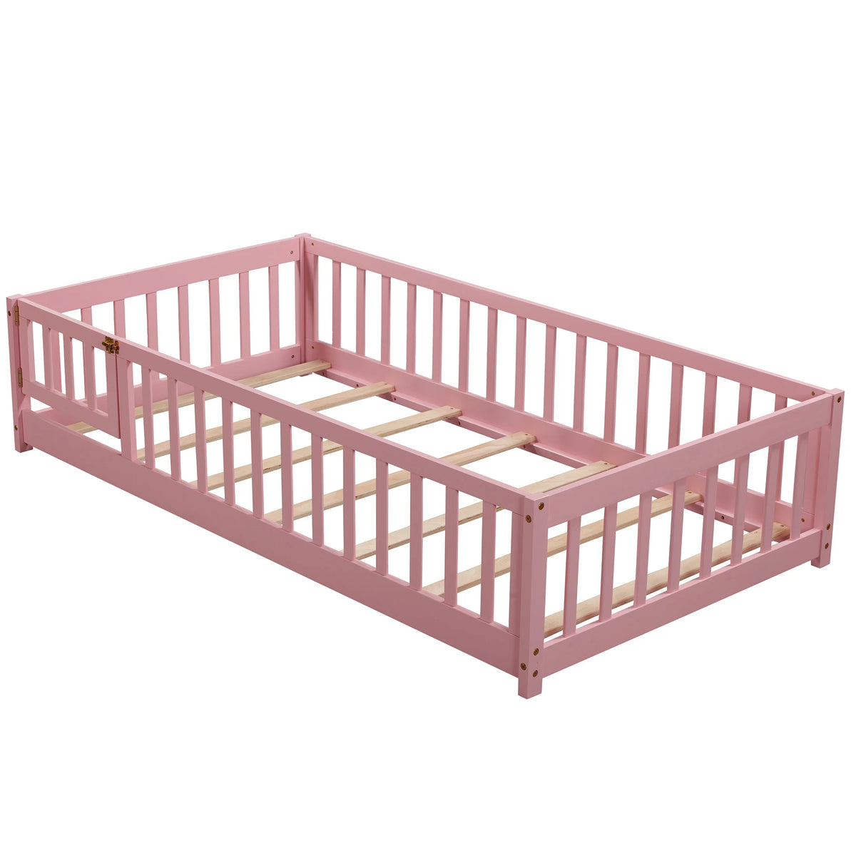UHOMEPRO Twin Size Floor Bed with Door and Fence, Montessori Floor Bed with Slats and Safety Guardrails, Solid Wood Twin Bed Frame for Bedroom, White