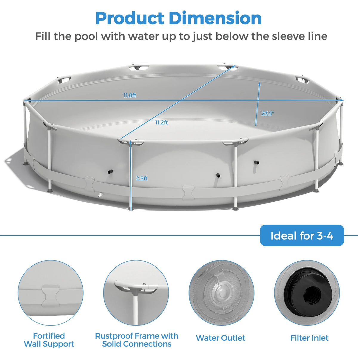Infans Round Above Ground Swimming Pool Patio Frame Pool W/ Pool Cover Iron Frame Blue