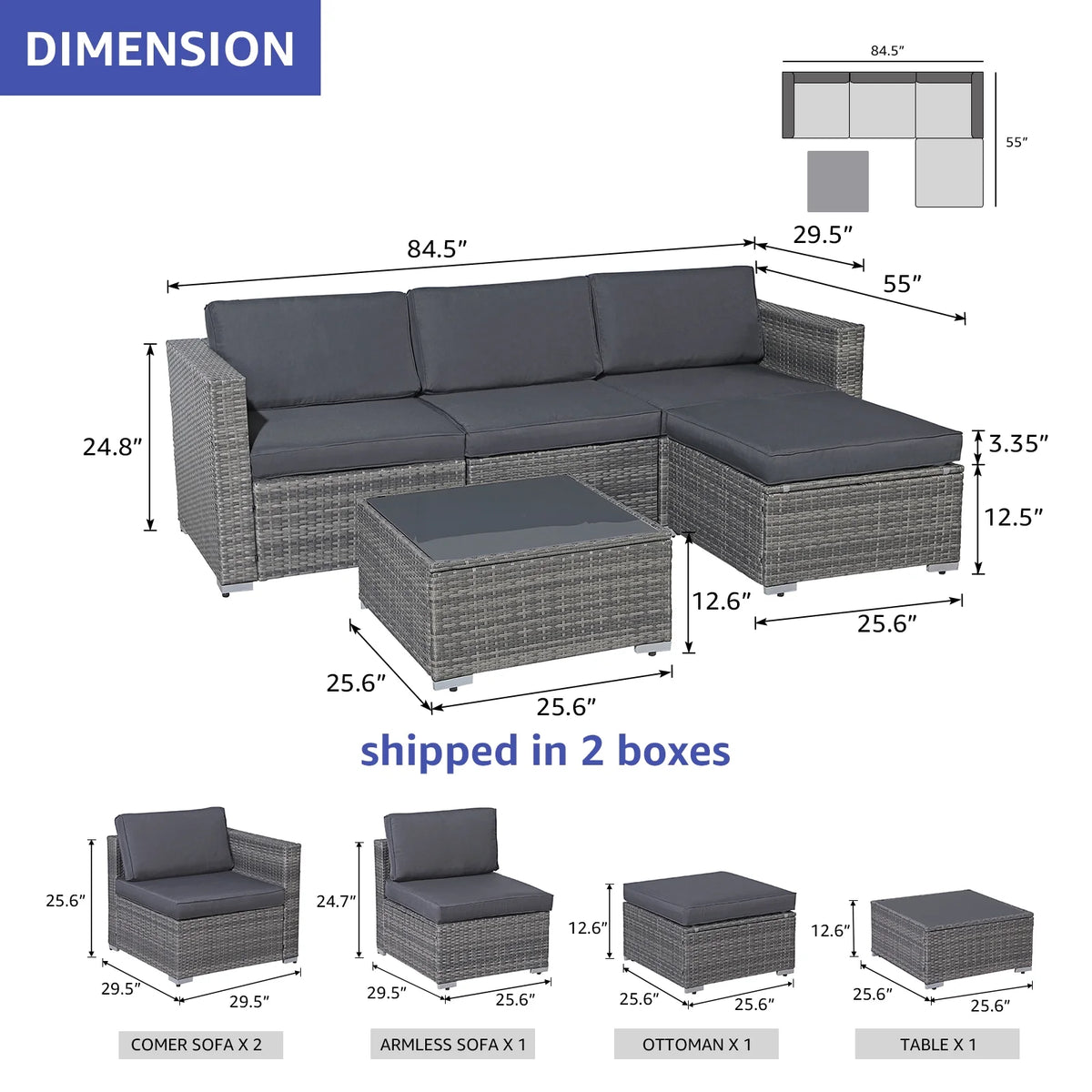 Patiorama 5-Piece Patio Furniture Set, Outdoor Sectional Conversation Set, All-Weather Grey PE Wicker with Light Grey Cushions, Backyard Porch Garden