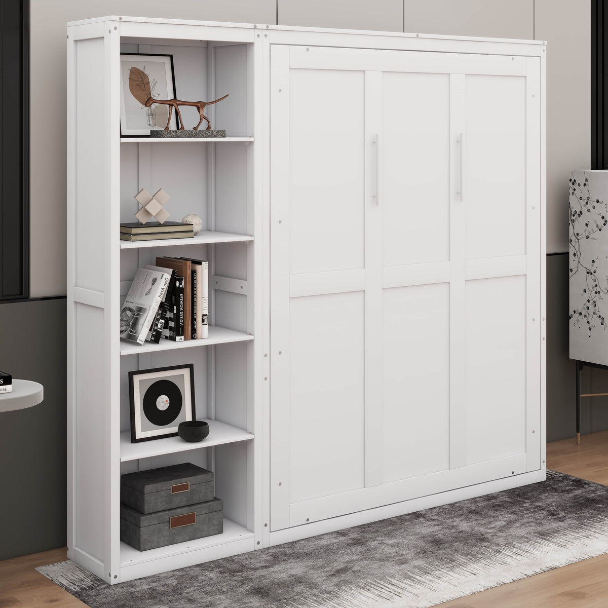 YunNianYang Queen Size Gray Murphy Bed Wall Bed with Shelves
