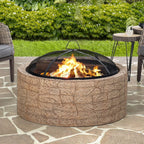 Sunjoy Stone Fire Pit 26 Inch, Outdoor Round Wood Burning Fire Pits with Spark Screen and Poker  Grey