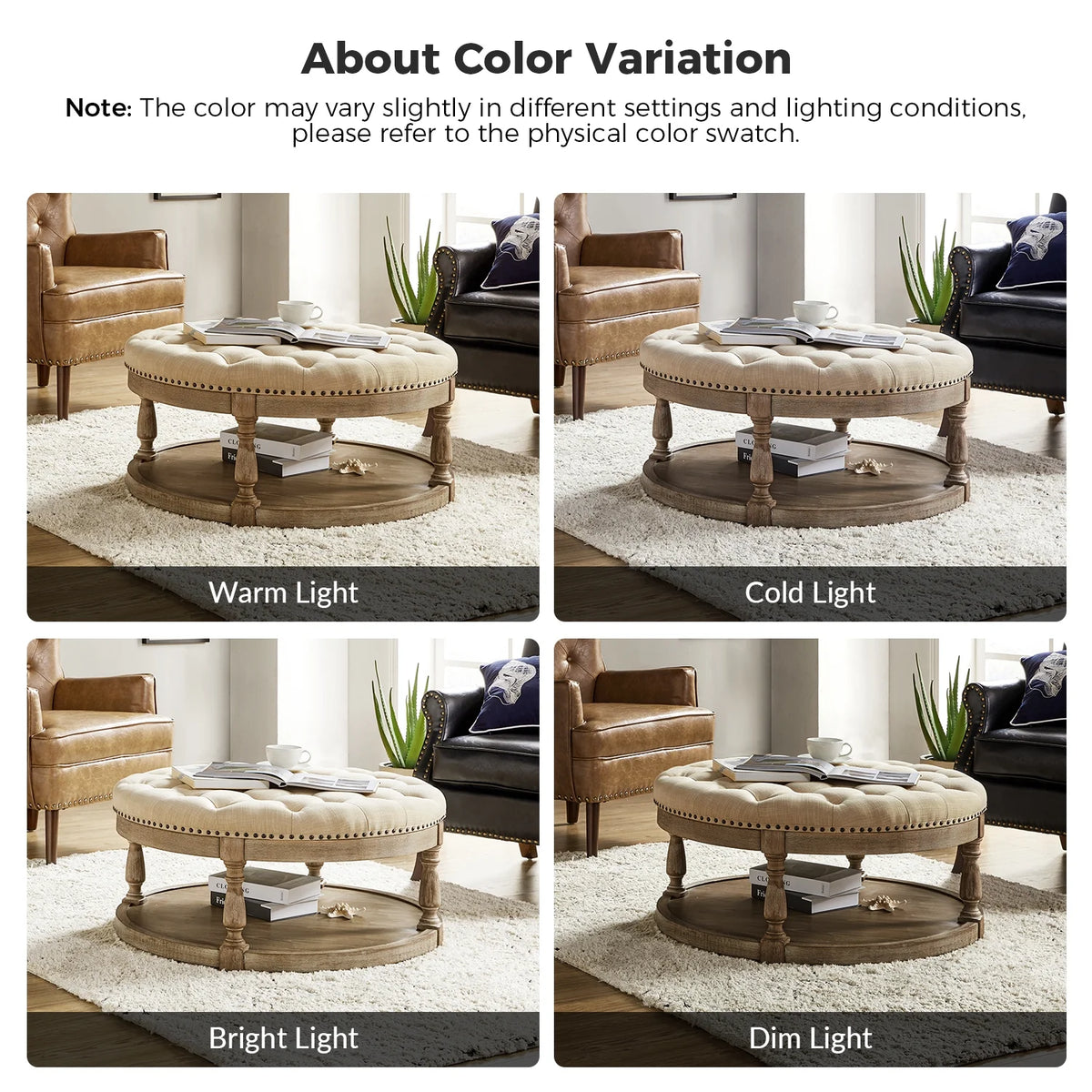 36'' Wide Blue Round Large Ottoman Tufted Coffee Table with Storage Wood Legs Home Living Room