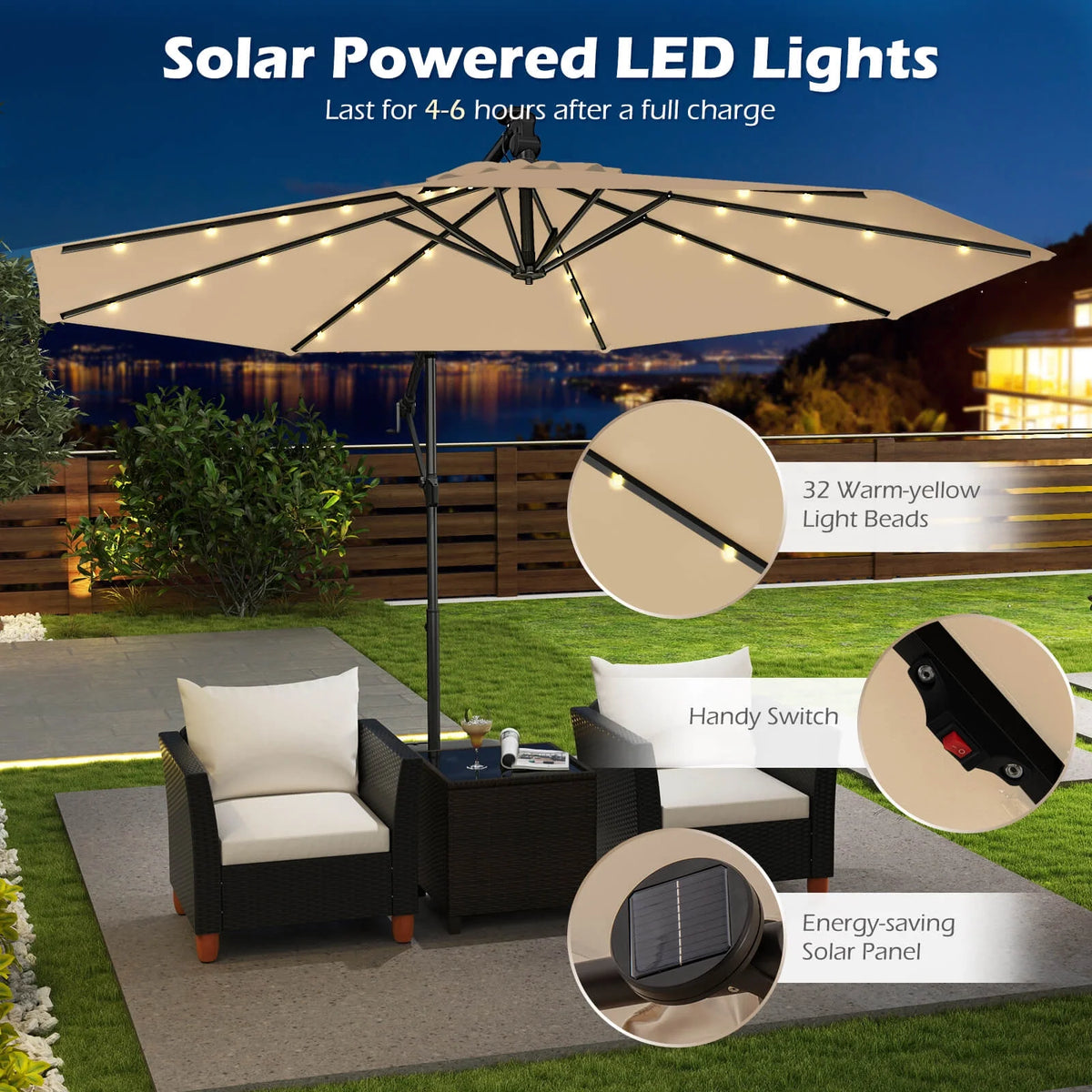 Costway 10 FT Solar Offset Hanging Umbrella Patio Cantilever Umbrella with 32 LED Lights Brown