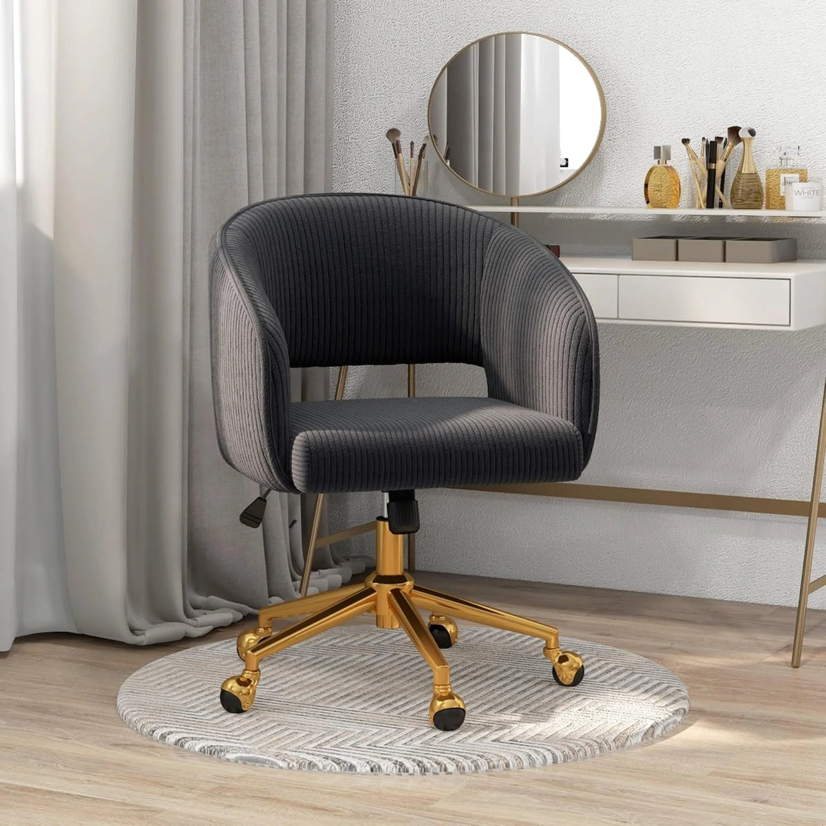 Home Office Swivel Desk Chair, Modern Velvet Vanity Chair, Height Adjustable Armchair with Gold Base, Ergonomic Office Chair for Task Study Computer Room, Beige