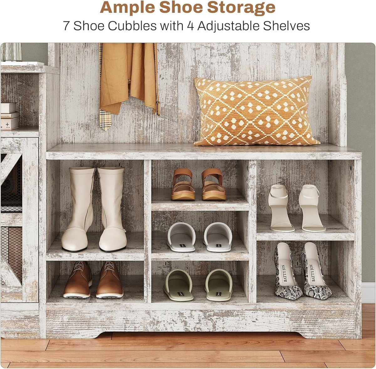 Farmhouse Wood Hall Tree with Shoe Bench and Console Table, LED 4-in-1 Coat Rack with 8 Hooks and 7 Adjustable Shoe Cubbies, Multifunctional Entryway Storage Organizer with Cabinet, Vintage White