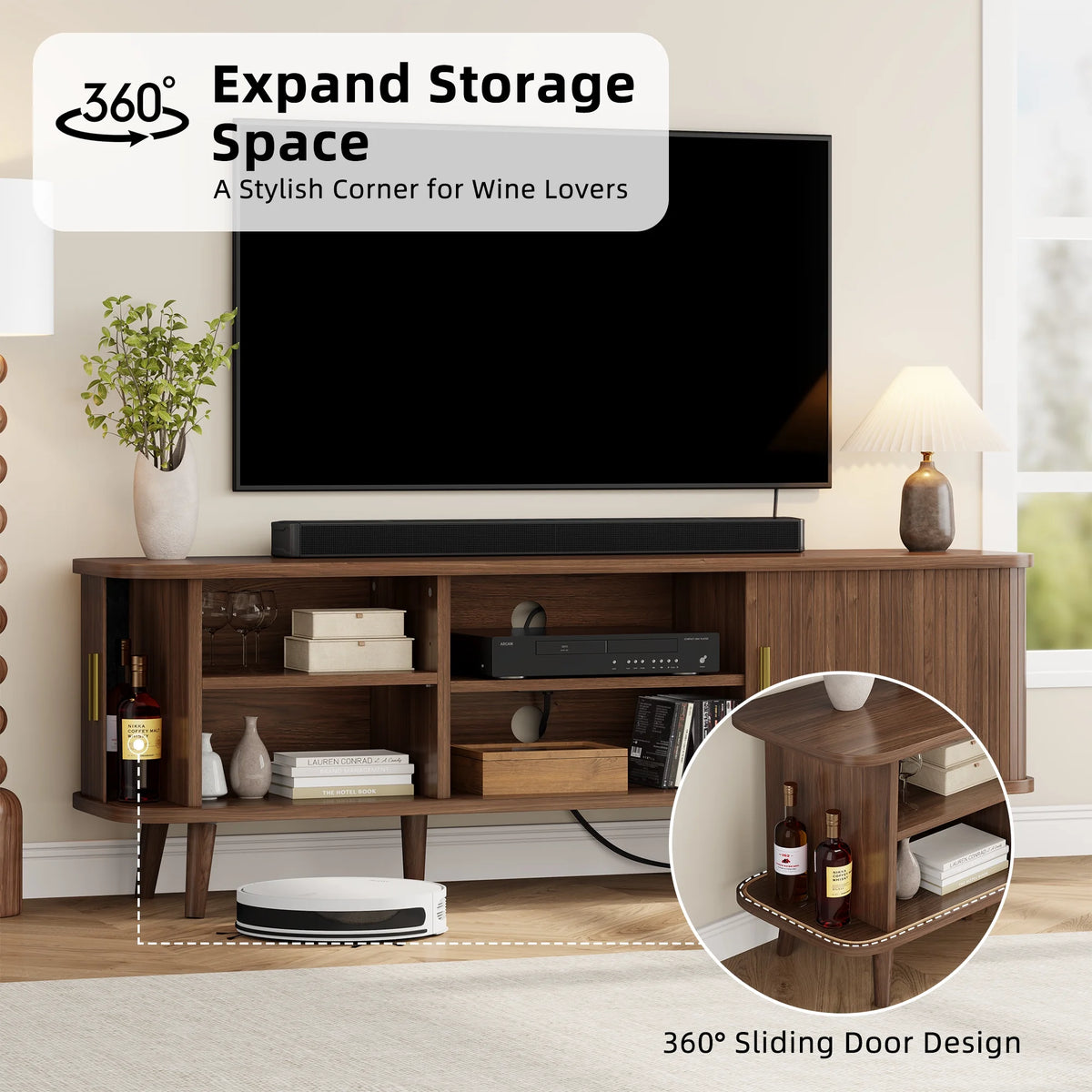 Laintene 59" TV Stand, Fluted TV Stand for TVs up to 65", Entertainment Center with Storage and Sliding Doors, Modern Media Console with Power Outlet for Living Room, Walnut