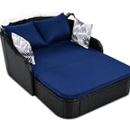 Outdoor Sun Lounger With Adjustable Canopy And Relaxing Pillow - Pe Black Blue Cushion 79.9" Daybed Cozy