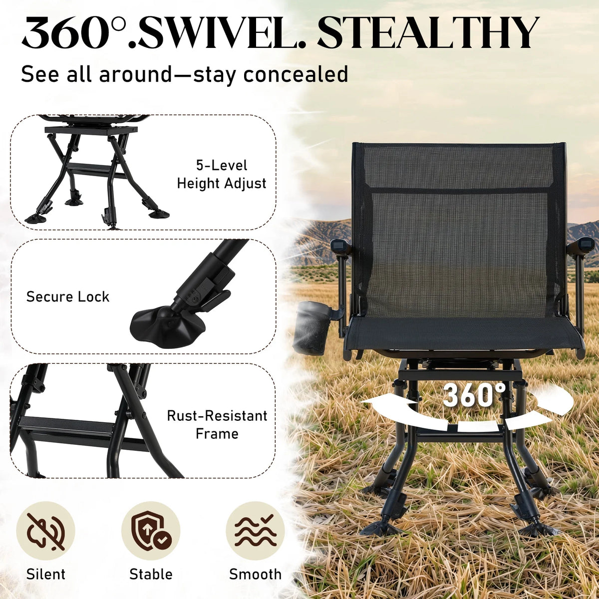 Danrelax 360�� Silent Camo Hunting Blind Chair, Armrests, Side Pouch, Telescopic Legs