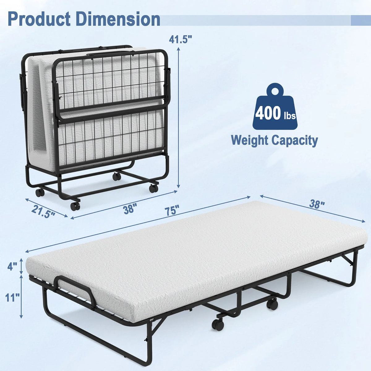 Costway Heavy Duty Foldable Bed Metal Guest Bed Daybed W/ 4 inch Mattress Memory Foam