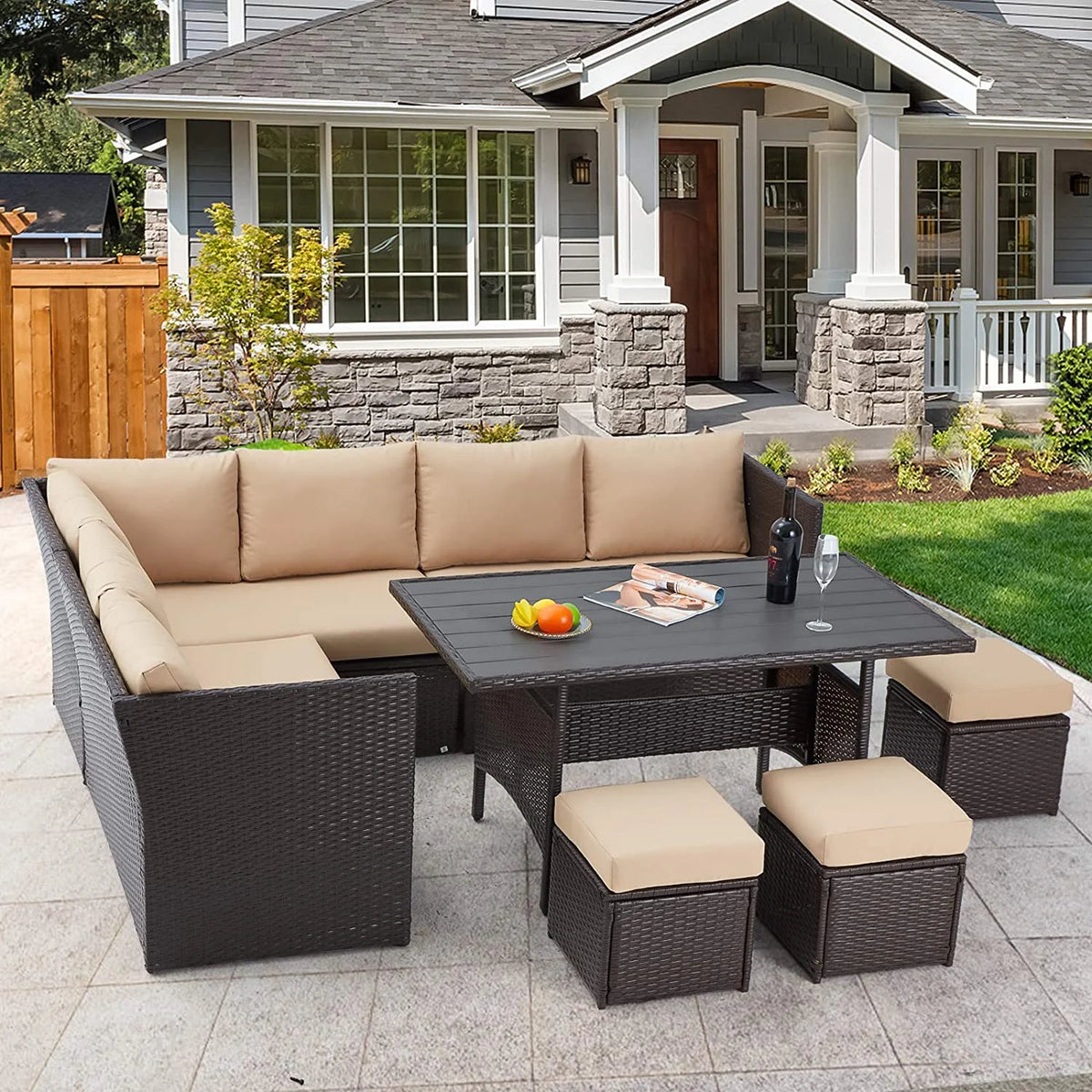 AECOJOY 7 Piece Patio Furniture Set PE Rattan Outdoor Dining Set Sectional Sofa Couch with Table Patio Conversation Set in Gray