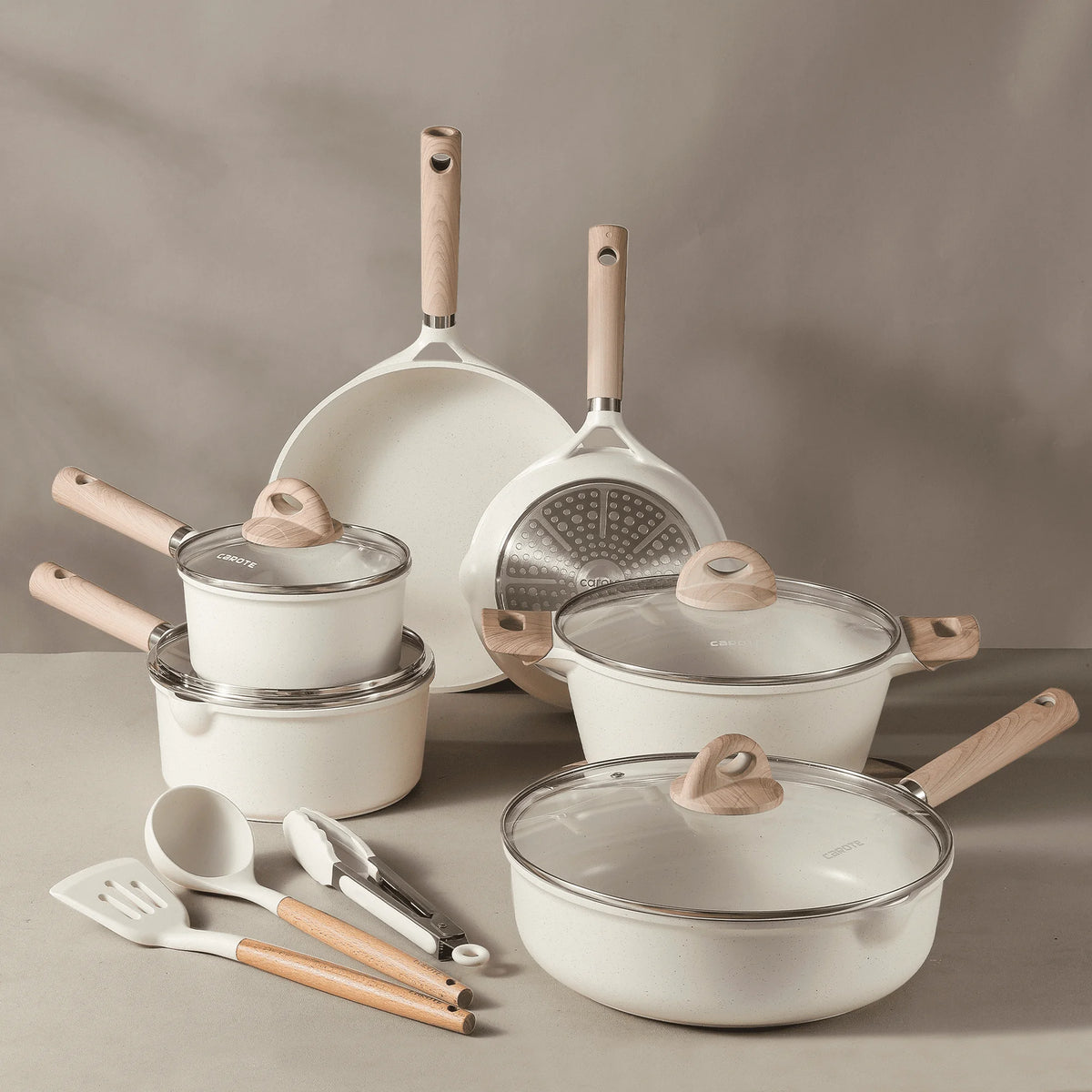 Carote Nonstick Pots and Pans Set, 13 Pieces Kitchen Cookware Sets Compatible for All Stoves, White Granite