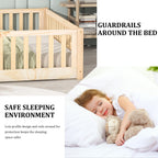 UHOMEPRO Twin Size Floor Bed with Door and Fence, Montessori Floor Bed with Slats and Safety Guardrails, Solid Wood Twin Bed Frame for Bedroom, White