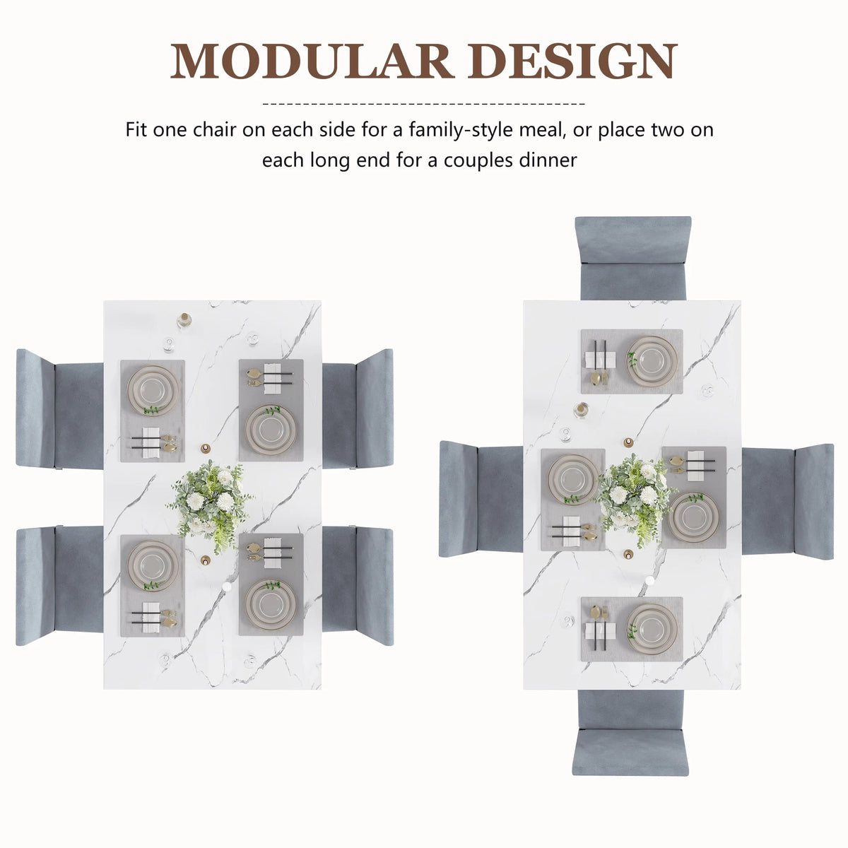 5 Piece Dining Room Table Set, Modern Dining Table Sets with Gray Velvet Upholstered Chairs for 4, Faux Marble Pattern Rectangle Kitchen Table Set for Bar Living Room Breakfast Nook Small Space