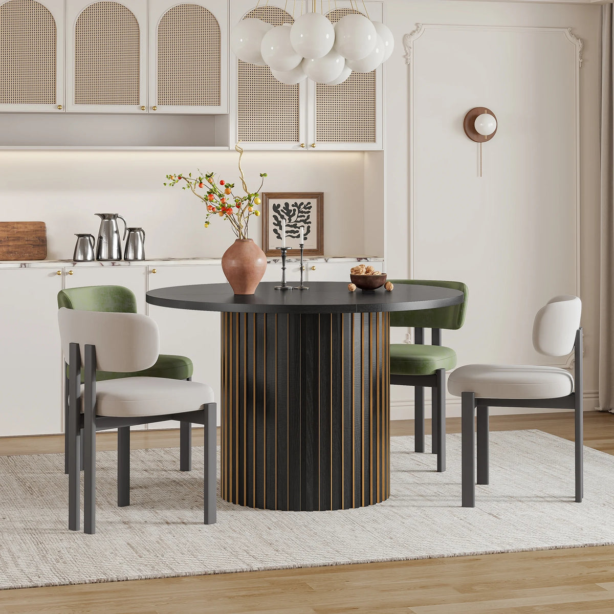 Modern Round Dining Table, 47 Inch Small Circle Kitchen Tables for 4-6, Wood Strip Base, Farmhouse Table for Kitchen, Dinning Room, Walnut