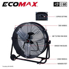 Ecomax 24 Inch High Velocity Drum Floor Fan. Industrial. 3-Speed. Adjustable Tilt
