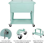80 Quart Rolling Ice Chest, Portable Bar Drink Cooler with Catch Basin, Bottom Storage Tray and Bottle Opener for Patio Party BBQ Beach Activities