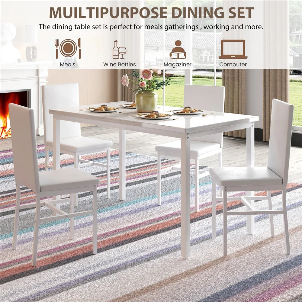 5 Piece Dining Room Table Set, Modern Dining Table Sets with Gray Velvet Upholstered Chairs for 4, Faux Marble Pattern Rectangle Kitchen Table Set for Bar Living Room Breakfast Nook Small Space