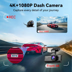 REDTIGER Dash Cam Front and Rear, Dash Cam 4K with WiFi & GPS, 4K/2.5K Front+1080P Rear Dashcam, Dash Camera with Night Vision, 3.18'' LCD Screen, Loop Recording, Black