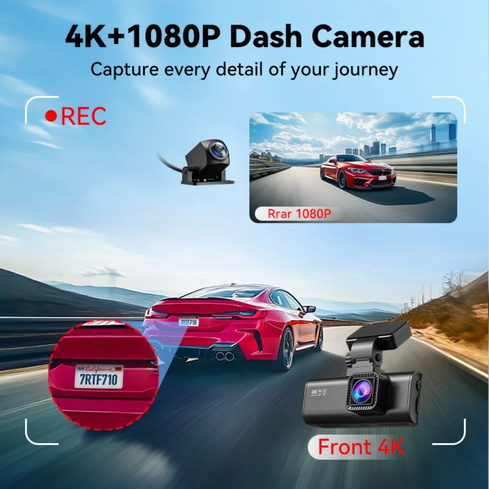 REDTIGER Dash Cam Front and Rear, Dash Cam 4K with WiFi & GPS, 4K/2.5K Front+1080P Rear Dashcam, Dash Camera with Night Vision, 3.18'' LCD Screen, Loop Recording, Black