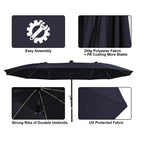 Mondawe 15ft Patio Umbrella, Large Double-Sided Solar LED Outdoor Umbrella with Fiberglass Ribs and Base for Deck Pool, Navy Blue