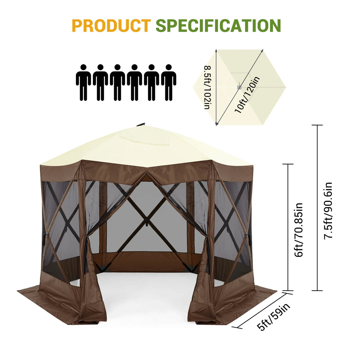 Pop Up Gazebo,Portable Outdoor Camping Canopy Screen Tent With Waterproof 6 Sidewalls&Mosquito Netting,Easy Up Windproof & Waterproof Party Tent For Lawn Garden Backyard,Grey/Brown