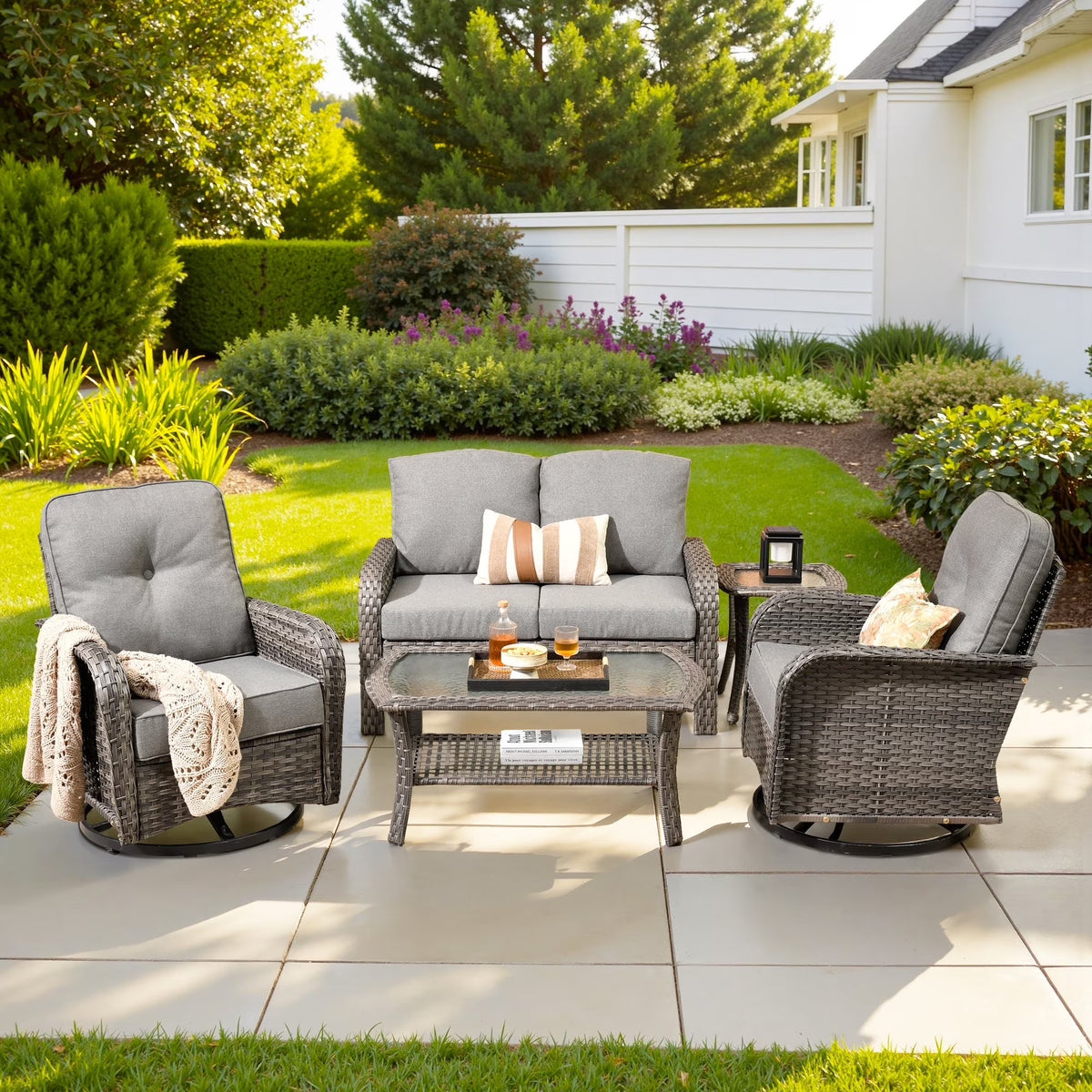 Ovios 5 Pieces Outdoor Patio Furniture Set High Back All Weather Wicker Conversation Set with Swivel Chairs & Coffee Table, Dark Gray