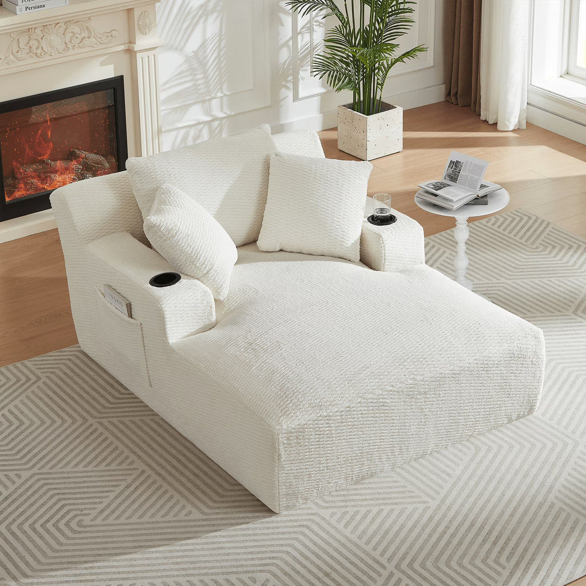 Lovableguy Oversized Chaise Lounge Chair Indoor,Comfy Deep seat Lounge Sofa with Cup Holders and Storage Pockets,Sleeper Sofa Bed for Living Room,Bedroom,No Assembly Required,Cream