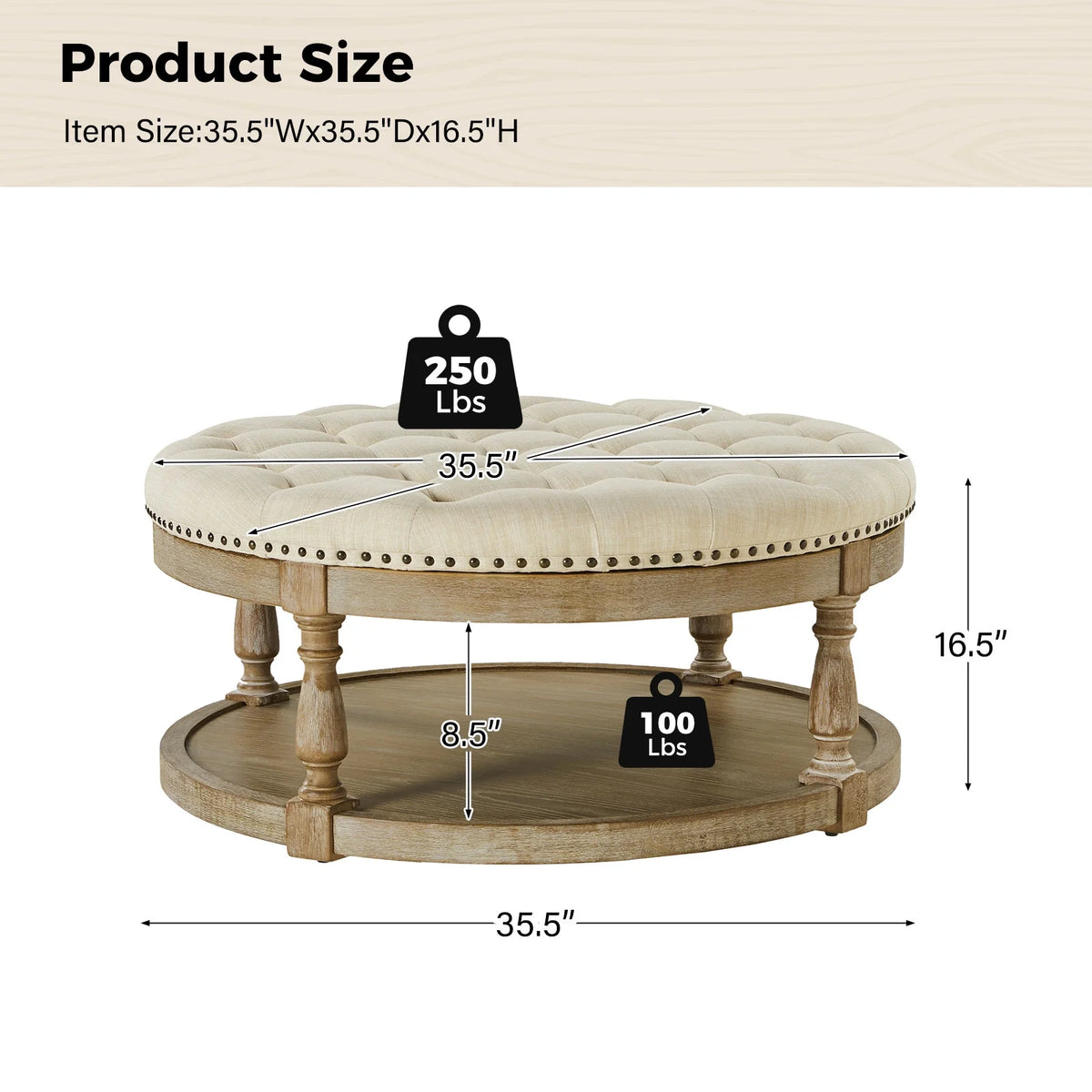 36'' Wide Blue Round Large Ottoman Tufted Coffee Table with Storage Wood Legs Home Living Room