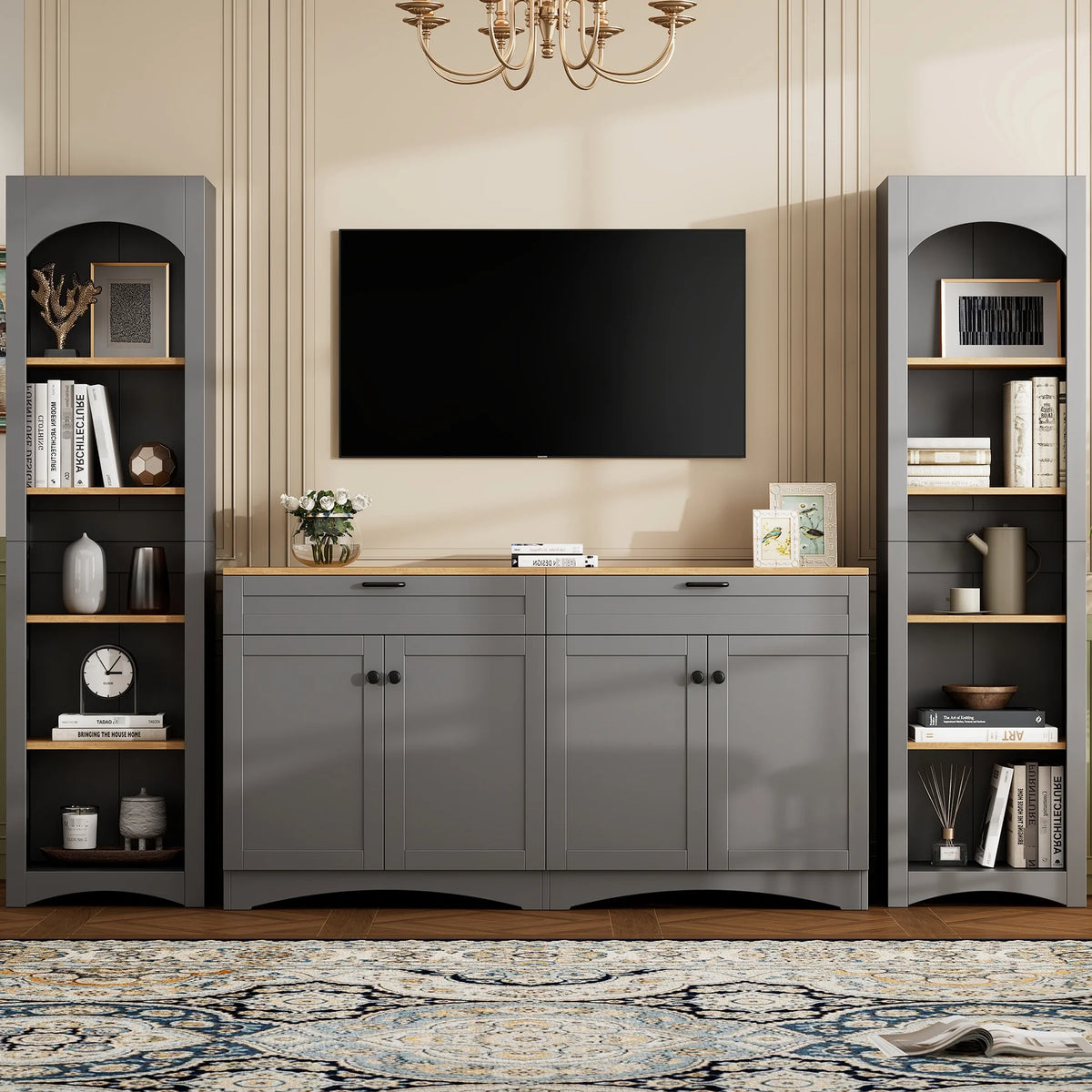 72"h Pantry Pair, 2 , Adjustable Shelves, , Black Finish 2 Bookcase , Cabinet With Vintage Style