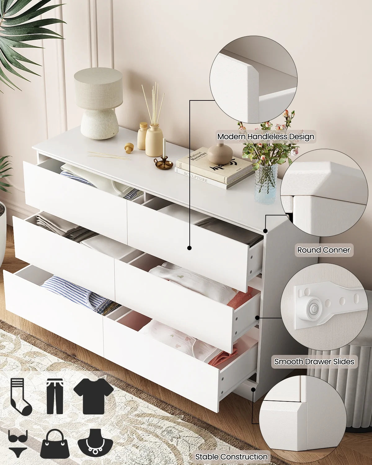 White Dressers Bedroom Dresser 6 Drawer Storage Chest of Drawers Double Dresser Storage Side Cabinet Room Furniture for Bedroom Living Room