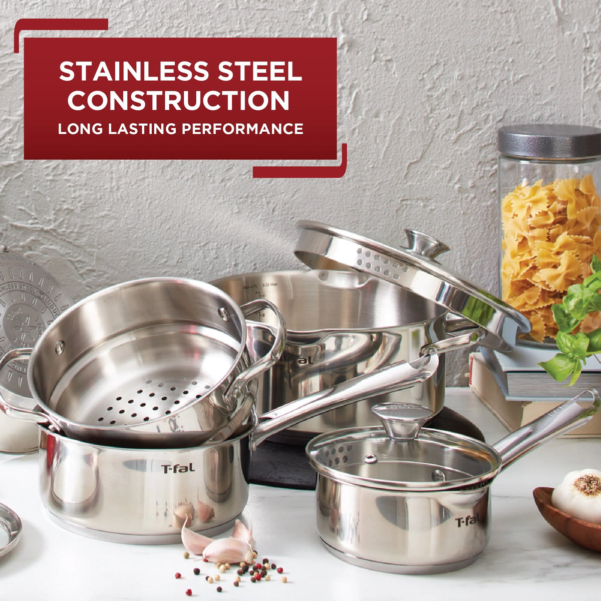 T-fal Cook & Strain Stainless Steel Cookware Set, 14 piece Set