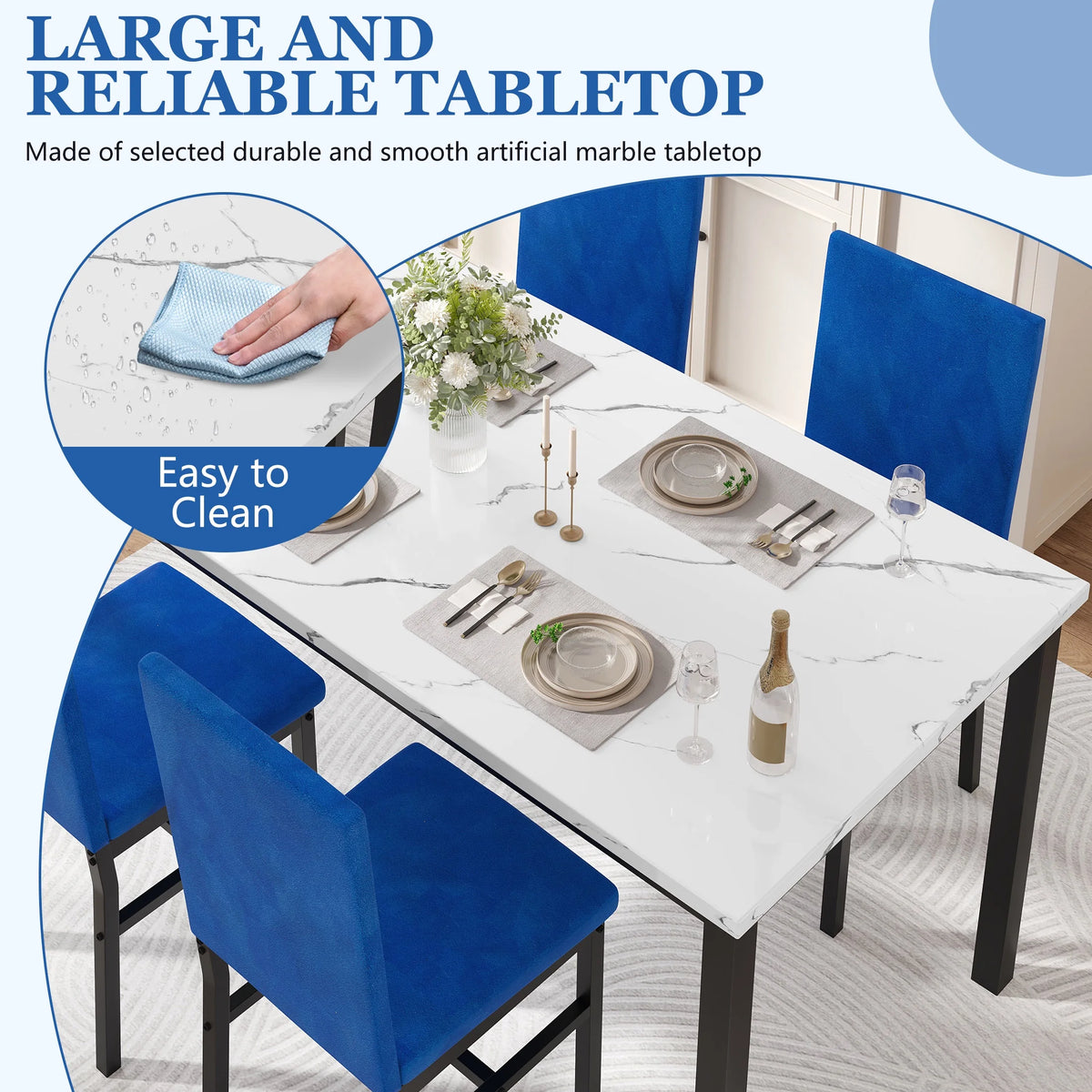 5 Piece Dining Room Table Set, Modern Dining Table Sets with Gray Velvet Upholstered Chairs for 4, Faux Marble Pattern Rectangle Kitchen Table Set for Bar Living Room Breakfast Nook Small Space