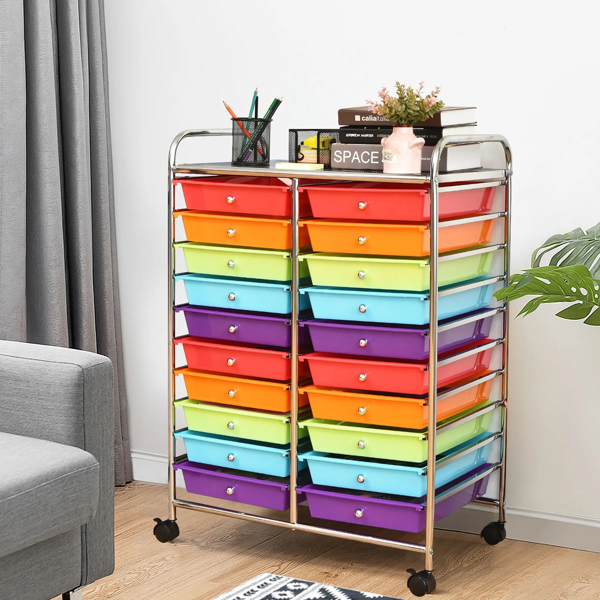 Costway 20 Drawer Rolling Storage Cart Tools Scrapbook Paper Office School Organizer Yellow