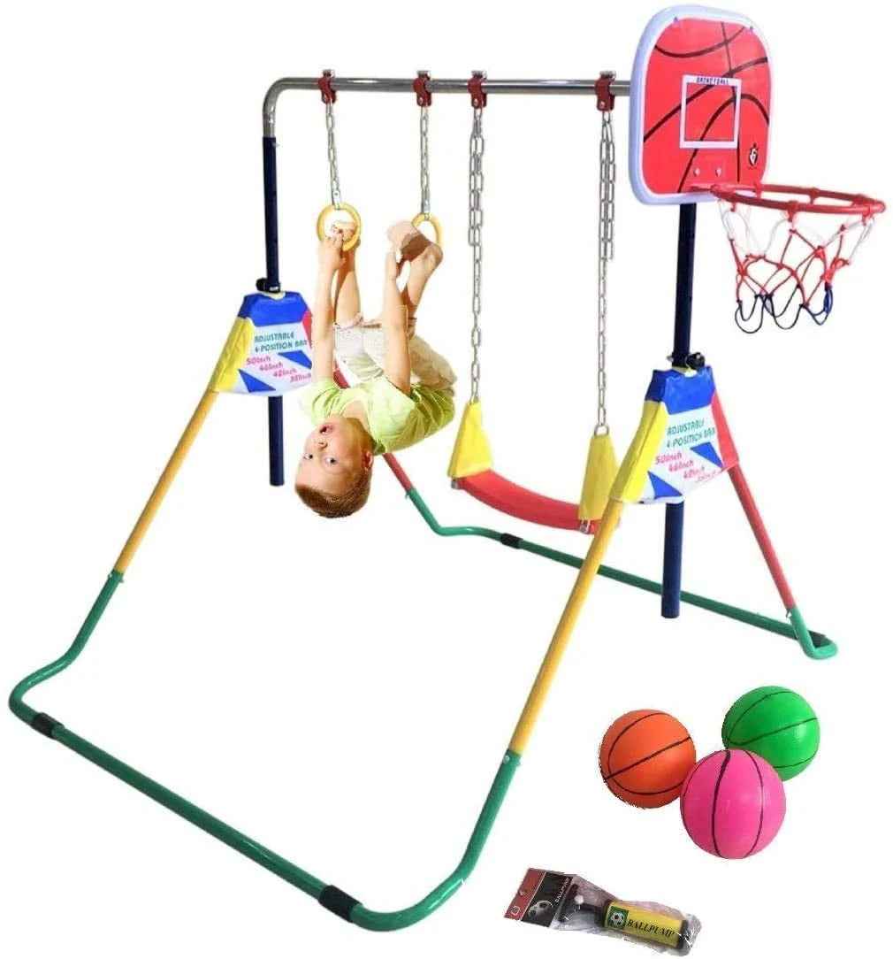 Adjustable Height Gymnastics Bar for Kids Kip Bar 6 in 1 Set, 6'x2' Gymnastic Tumble Mat, Swing Seat, 2 Trapeze Rings, Basketball Hoop, Home Junior Training Monkey Bars Fitness Balance Horizontal Bar
