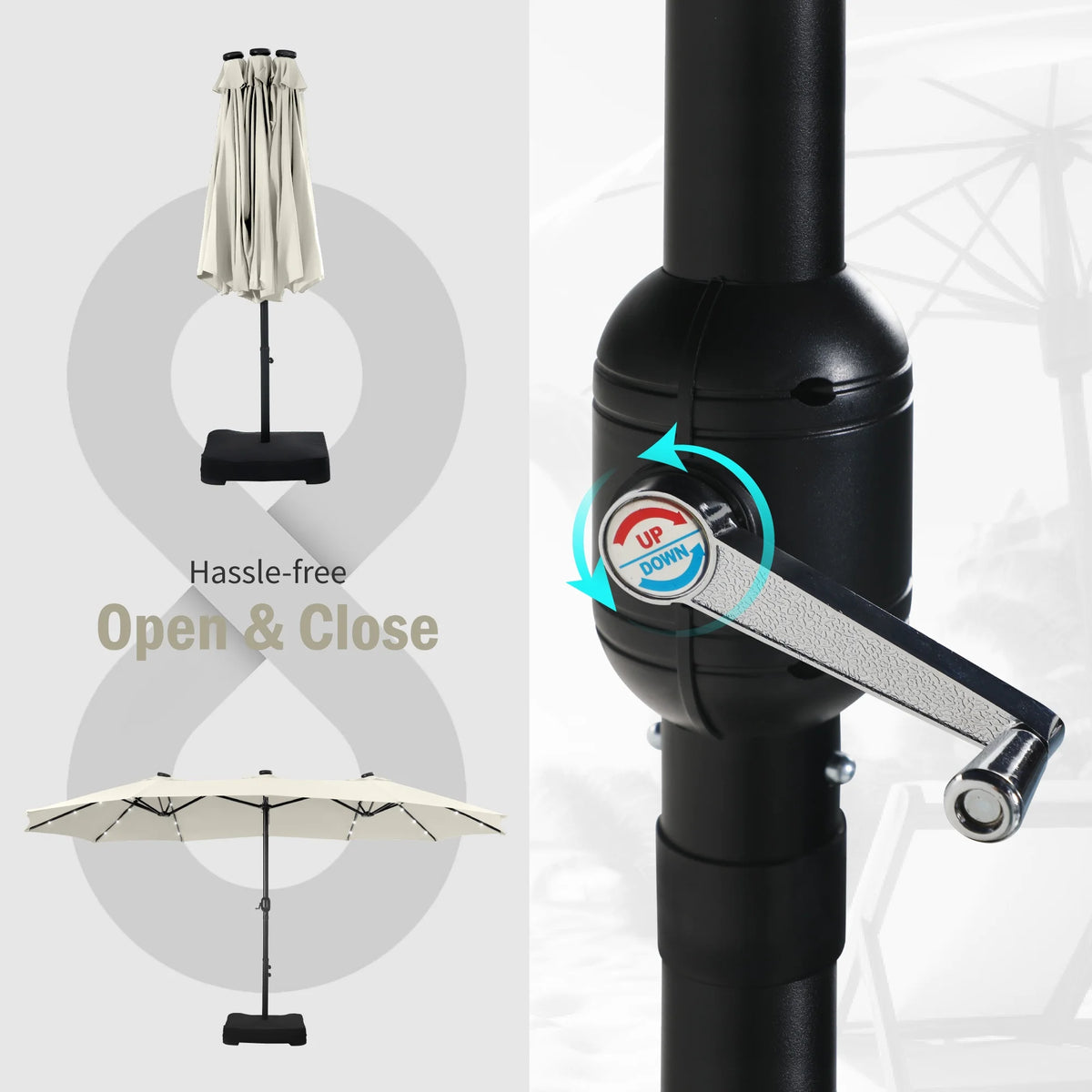 Summit Living 15 FT Double-Sided Solar Patio Umbrella with Base Large Outdoor Umbrella with LED Solar Lights - Haze Blue