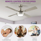 Dextrus 52'' Ceiling Fan with Light and Remote Control, 6 Speeds, 5 Timer Settings, and Dual-Finish Blades (Nickel)