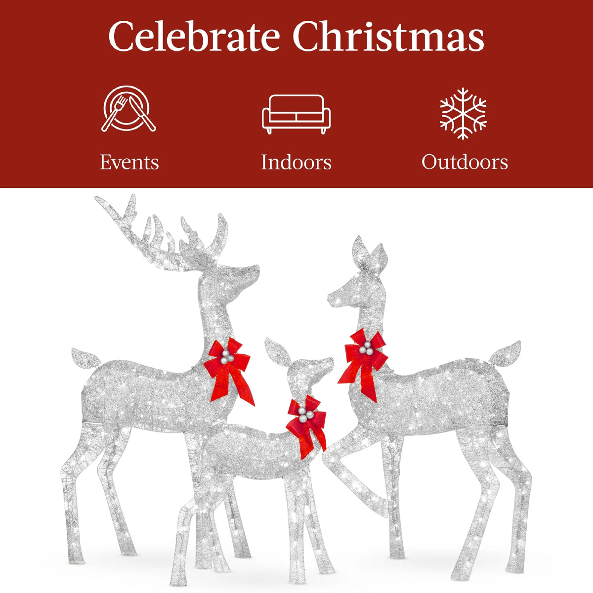 Best Choice Products 6.5ft 3-Piece Lighted Christmas Deer Set Outdoor Yard Decoration w/ 385 LED Lights, Stakes - Gold