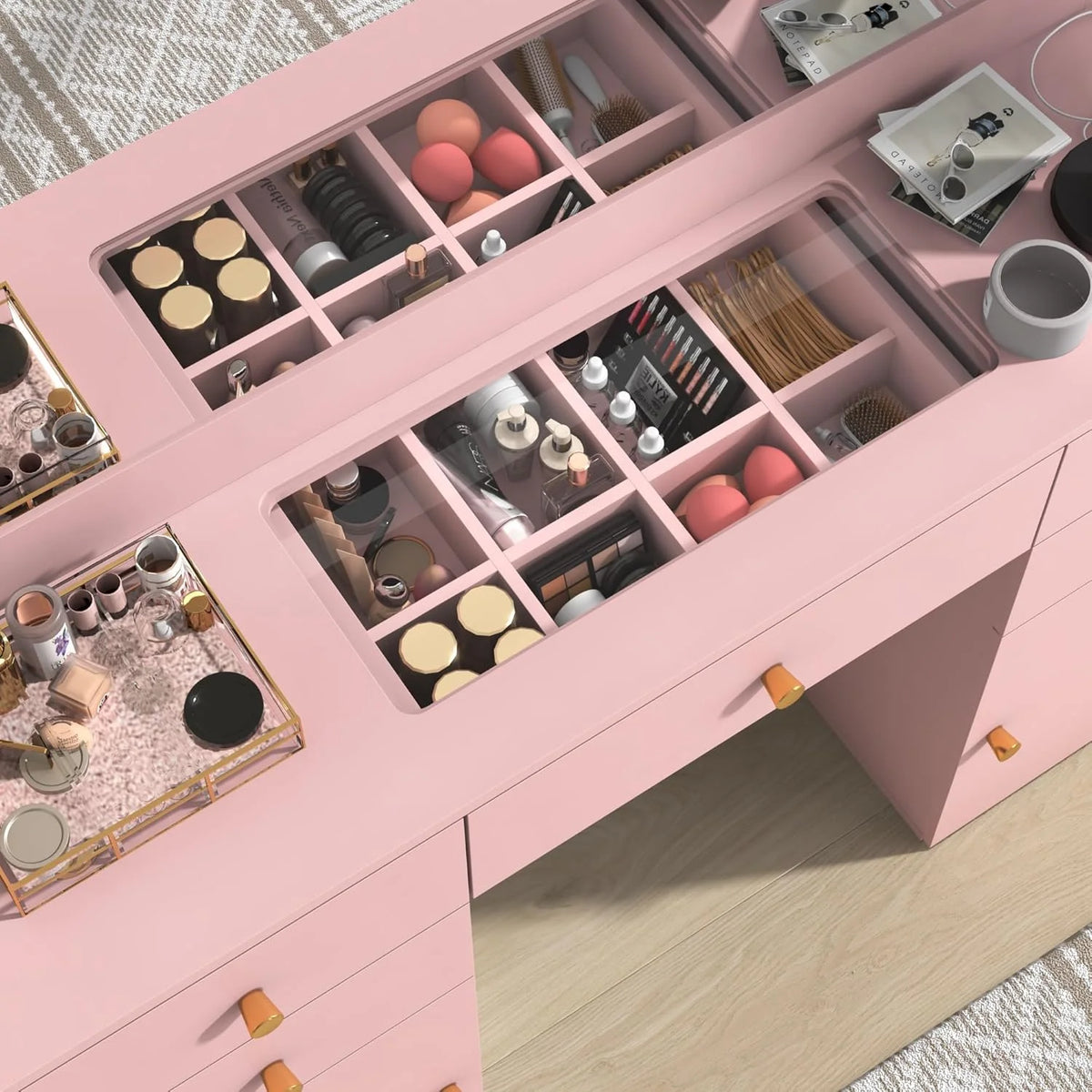 White Vanity Desk with Large Lighted Mirror & Power Outlet, Makeup Vanity Table with Glass Top & Drawers, Sliding Storage, 44.1" Large Makeup Vanity Table for Women Girls, White