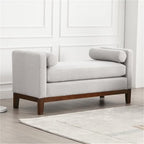 End of Bed Bench, 53.5" Boucle Fabric Upholstered Entryway Bench with Wood Legs & Bolster Pillows, Rolled Arm Cushioned Ottoman Foot Rest Long Stool Window Extra Seating for Bedroom, Ivory