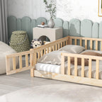 UHOMEPRO Twin Size Floor Bed with Door and Fence, Montessori Floor Bed with Slats and Safety Guardrails, Solid Wood Twin Bed Frame for Bedroom, White