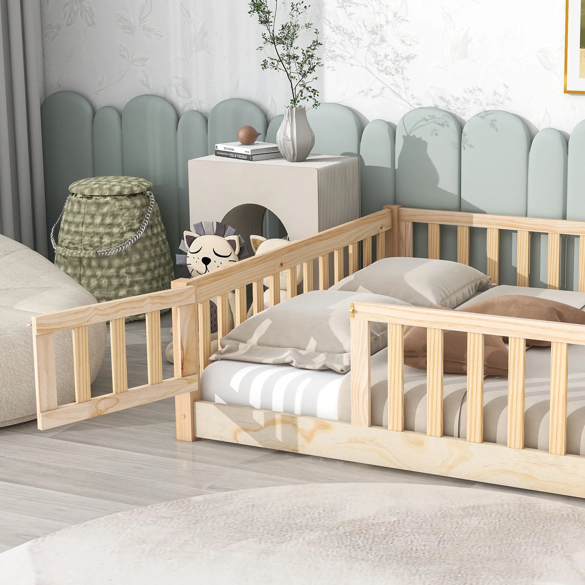 UHOMEPRO Twin Size Floor Bed with Door and Fence, Montessori Floor Bed with Slats and Safety Guardrails, Solid Wood Twin Bed Frame for Bedroom, White