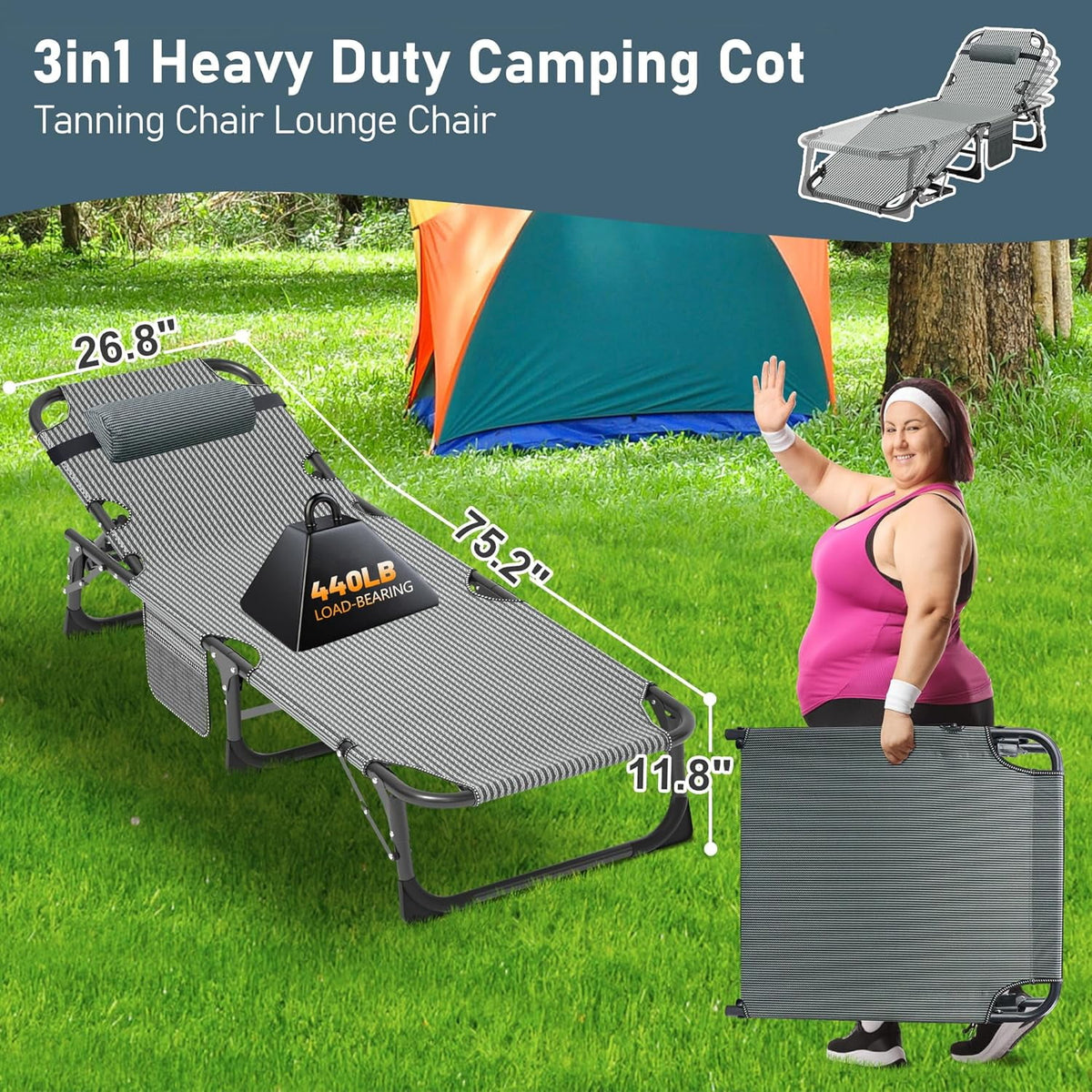 Slsy Folding Lounge Chair, 5-Position Adjustable Outdoor Reclining Chair, Folding Sleeping Bed Cot, Folding Chaise Lounge Chair for Pool Beach Patio Sunbathing
