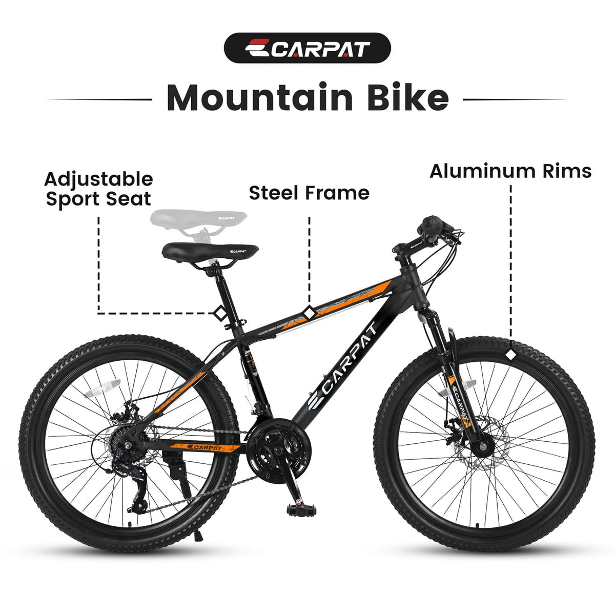 26" Mountain Bike for Adult, 21 Speed MTB with High-carbon Steel Frame, Orange