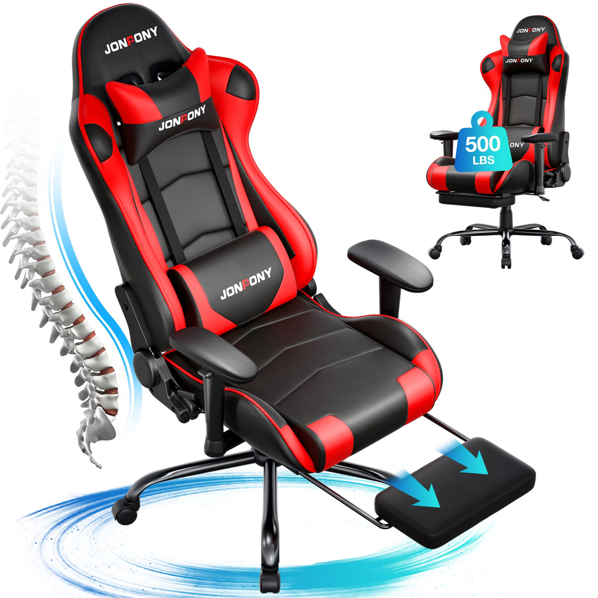 JONPONY Big and Tall 500LBS Gaming Chair, Ergonomic Design, Gamer Chair PU Leather with Footrest and Lumbar Support, High Back Office Chair Support 8 Hours Long Sitting,Red Computer Chair,Red