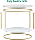 DEXTRUS 2-Tier Round Coffee Table Marble Center Cocktail Table with Glass Open Storage Shelf, White & Gold