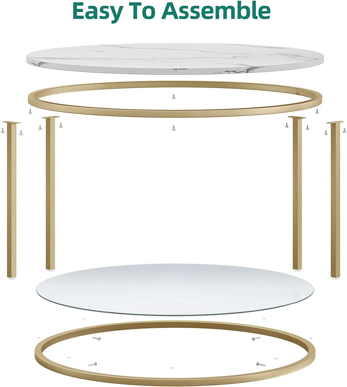 DEXTRUS 2-Tier Round Coffee Table Marble Center Cocktail Table with Glass Open Storage Shelf, White & Gold
