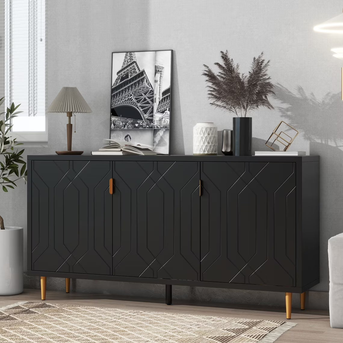 Modern TV Stand for TV up to 70 inch, Media Entertainment Center, Entryway Console Table with Adjustable Shelves,Storage Sideboard Cabinet for Living Room Kitchen, Black