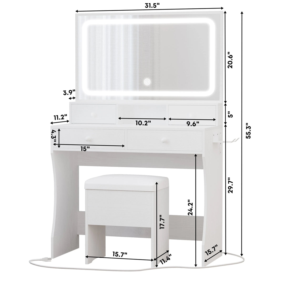 LIKIMIO Vanity Desk with LED  Mirror, Bedroom Makeup Table with 4 Drawers, Storage Stool, White